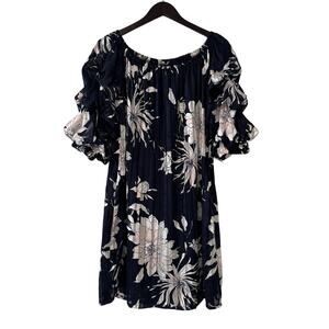 S. LeVine Puff Sleeve Off The Shoulder Mini Dress Women XL Navy Floral Romantic